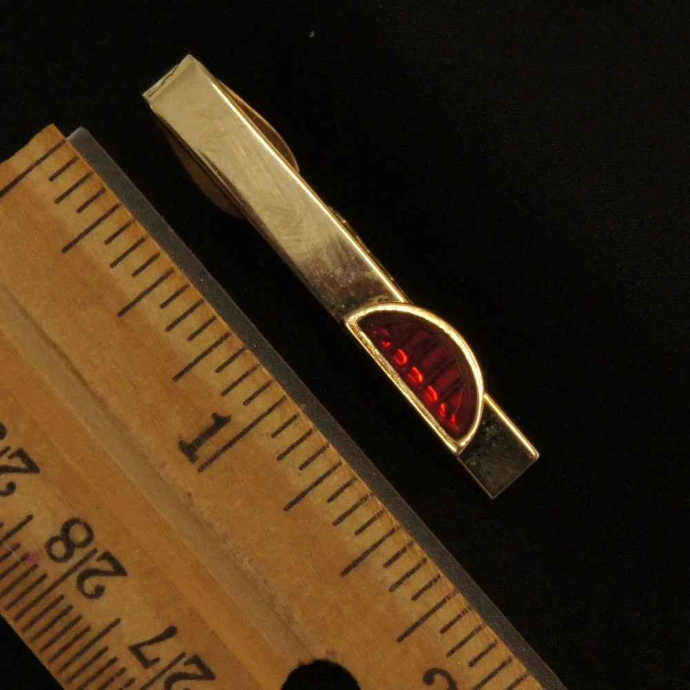 Vintage Shields Tie Clip Gold Tone Red Stone Bar Mens‎ Classic Formal